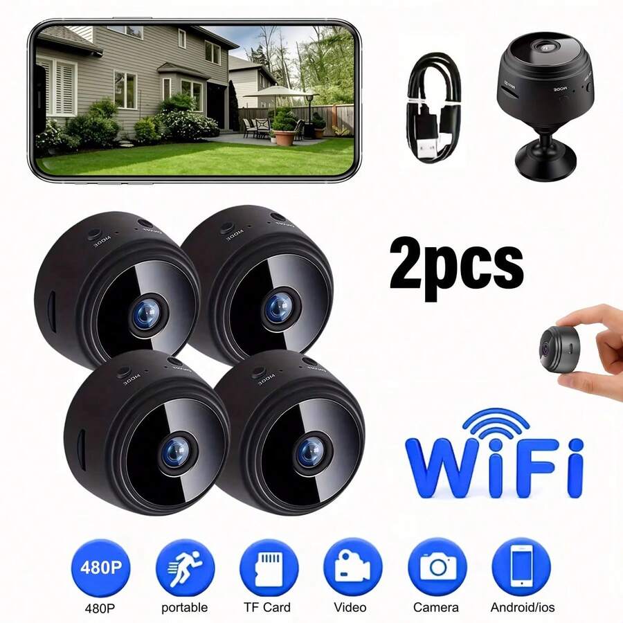 1pc/2pcs Mini Wireless Camera, 1080P HD Smart Night Vision Security Camera, Portable Magnetic Webcam For Home/Outdoor Sports, Real-Time View, TF Card Storage, Rotatable Base, Rechargeable, Motion Detection, Suitable For Home, Car, Office, 24/7 Online, Only Supports 2.4G WiFi - Black - View 1