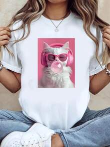Printed T-Shirt With A Cat Wearing Pink Headphones And Sunglasses Blowing Bubble Gum Bubbles, White Short-Sleeved Round Neck T-Shirt, Machine Washable, Casual Style, Comfortable Fit, Modern Design, Versatile For Everyday Wear, Soft Fabric, Fashionable Style, 100% Cotton. - 白色 - 查看 1