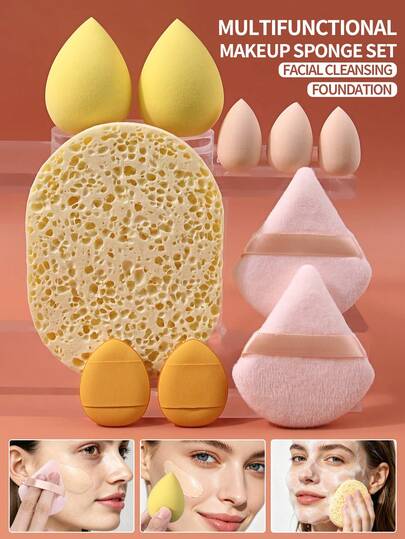 10pcs Makeup Sponges, 2pcs Makeup Sponge & 3pcs Mini Makeup Sponge & 2pcs Powder Puffs & 2pcs Mini Finger Puffs & 1pc Face Wash Sponge, Foundation Mixing Beauty Sponges, Liquid, Powder, Concealer Multi-Color Makeup Sponge Puffs, Latex-Free Wet & Dry Use Makeup Sponges, Suitable For All Skin Types, Super Soft Eye Contour Shaping Design