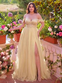 Faeriesty Đầm dạ hội cỡ lớn sang trọng, hở vai, được trang trí bằng họa tiết hoa lấp lánh, thiết kế lãng mạn, phù hợp cho đám cưới, sự kiện thảm đỏ, tiệc gala. - Rượu sâm banh - Xem 1