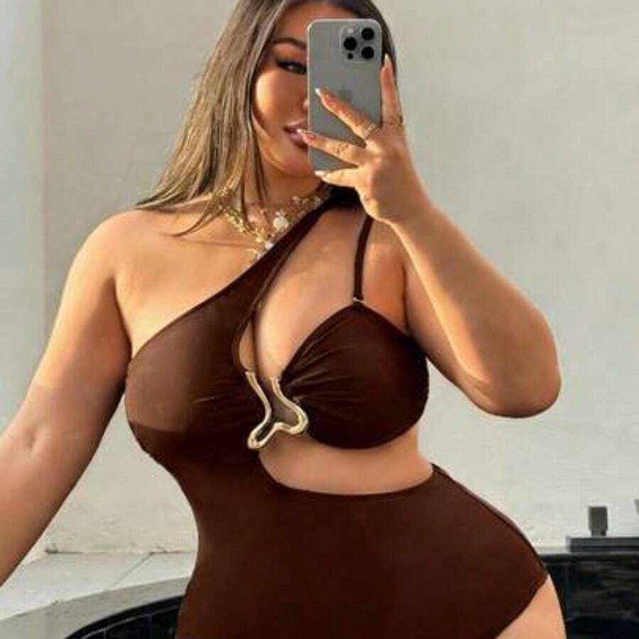 Swim  2026 New Plus Size Women Solid Color Halter Backless One-Piece Swimsuit With Detachable Straps - Marrón - Ver 1