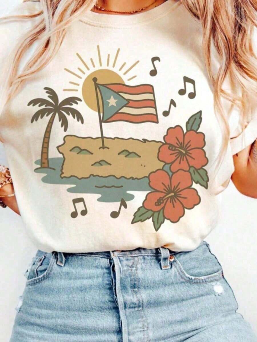 Women's Cute Casual Cotton T-Shirt, Short Sleeve Round Neck, Summer Vacation Graphic Print Top For Everyday Style - 杏色 - 查看 1