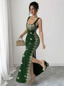 YHHSHEIN Raffinéa Vestido de verano nuevo para mujer, dorado brillante y negro, con cuello cuadrado, tirantes de espagueti, espalda descubierta, bajo con abertura, ajustado de cintura alta, adecuado para fiestas, bodas, banquetes de negocios, ocasiones diarias, galas, fiestas de boda y atuendos festivos. YHH - Verde Oscuro - Ver 12