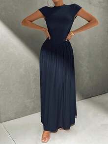 Vestido de línea A de manga corta, de cuello, ajustado, con bajo asimétrico, de uso diario, de estilo minimalista y elegante - Azul marino - Ver 7