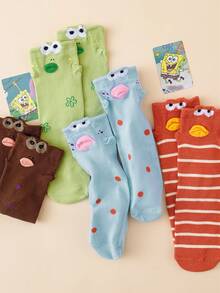 SpongeBob SquarePants 2/4 Pairs Random Color Funny Expression Pattern Casual Mid-Calf Socks, 3D Lip Striped Design Durable Breathable Campus Street Style Socks - Multicolor - View 2