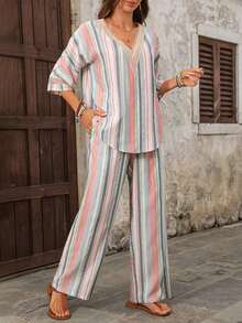 Conjunto casual de 2 piezas de camisa de manga 3/4 con cuello en V a rayas y pantalones para vacaciones de mujer - Multicolor - Ver 6