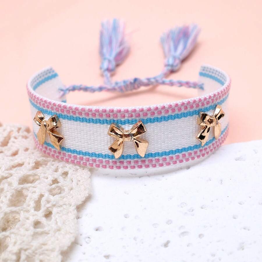 1pc Bowknot Bracelet, Creative Leopard Print Handmade Woven Vintage Tassel Adjustable Boho Bracelet, Suitable For Women Party, Travel, Daily Wear - Multicolor - View 1
