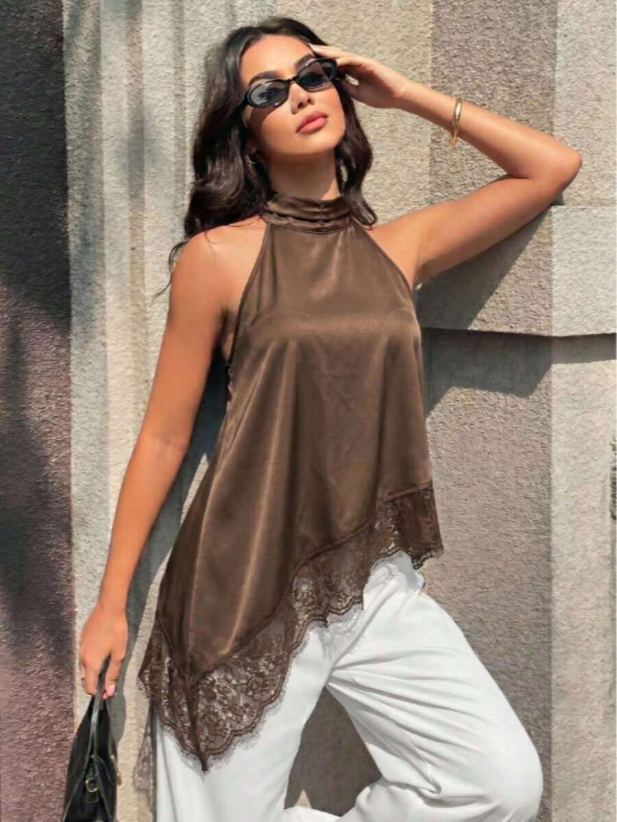Top de tirantes negro para mujer, bajo asimétrico, diseño sin espalda, con ribete de encaje en contraste, longitud regular para verano - Café integral - Ver 1