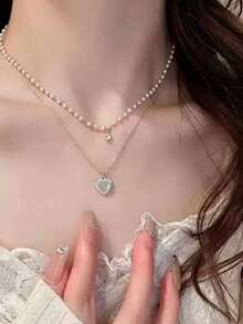 1 buah Kalung Berlapis Hati Minimalis Elegan Gaya INS dengan Rhinestone & Mutiara Imitasi yang Dipersonalisasi, Aksesori Serbaguna untuk Pemakaian Sehari-hari & Acara Formal, Hadiah Luar Biasa untuk Ulang Tahun Pacar/Sahabat - Yellow Gold - View 3
