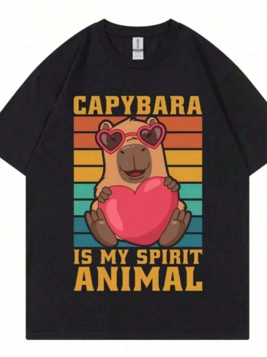 Funny Capybara With Heart Graphic T-Shirts, Clothing For Men And Women, Harajuku Y2k T-Shirts, Casual Fashion Short Sleeve T-Shirts - 黑色 - 查看 1