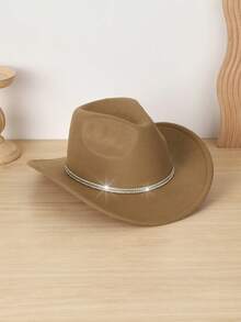 1pc Unisex Rhinestone Band Felt Cowboy Hat, Wide Brim Western Cowboy Hat For Rodeo Party Festival Outdoor Travel,Beach,Holiday - A - View 6