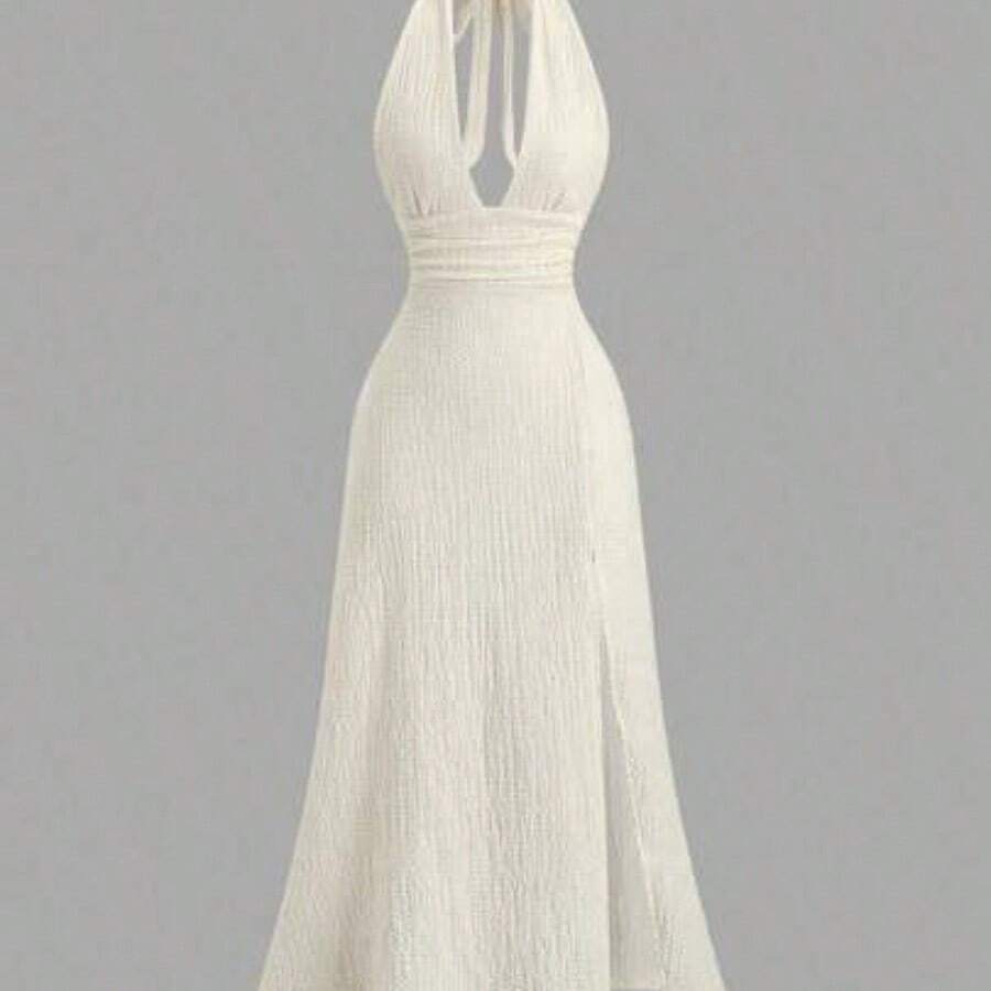 Sweetro Sexy Halter Deep V-Neck Backless Fitted Slit Solid Color Dress - Albaricoque - Ver 1