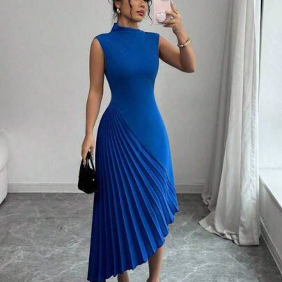 Elenzya Women's Elegant Fashionable Commute Casual Vacation Charming Party Sleeveless Asymmetric Collar Cinched Waist Fitted Uneven Hem Patchwork Solid Color Dress - azul real - Ver 1