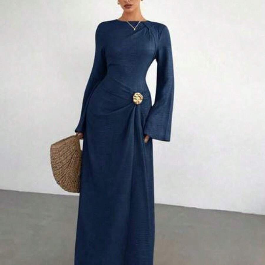 Women's Solid Color Twist Detail Front Metal Buckle Decor Flare Long Sleeve Dress, Ladies' Wedding Guest Dress, Women's Winter Formal Dress - Azul Marino - Ver 1