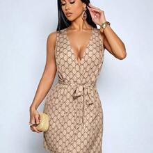 Women's Vintage All-Over Print Sleeveless Tie-Back Waist Cinching Mini Dress, Elegant For Everyday, Dates, Afternoon Tea, Gatherings, Parties, Graduation, Commute, Office, Vacation, Music Festivals And More - Caqui - Ver 5