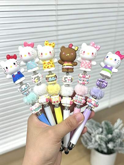  1 pieza/3 piezas Bolígrafo de bola con cuentas de Sanrio Hello Kitty, bolígrafo de gel decorativo esponjoso y lindo con pompón de personaje de dibujos animados, bolígrafo de tinta negra para la escuela y la oficina