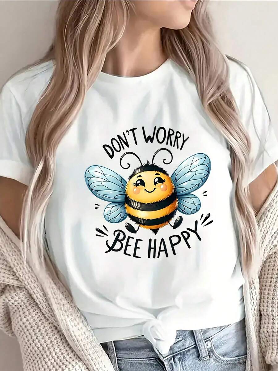 Camiseta de Manga Corta de Poli￩ster con Gr£fico de Abeja "Don't Worry Bee Happy", Ligera y Duraderara Uso Casual en Casa, Cafeter￭a o Actividades al e , Dise￱o Divertido para Comodidad Diaria