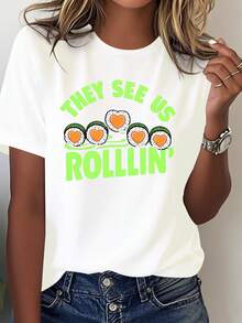 Women's "Theee Us Rollin'" T-Shirt With Sushi Design - 100% Casual Crew Neck, Fun Anime-Inspired Clothing For Japanese Culture Lovers And Sushi Fans - 白色 - 查看 1