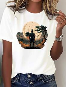 Women's T-Shirt With Japanese Samurai And Cherry Blossom Print - 100% Comfortable, Crew Neck Casual Short Sleeve Top With Japanese Calligraphy Design, Suitable For All-Weather Wear, Anime Parties & Everyday Outfits - Samurai Warrior Graphic T-Shirt, Geometric Pattern, Machine Washable, Relaxed Fit, Japanese-Inspired Art, Breathable Fabric, Japanese Style Clothing - 白色 - 查看 1