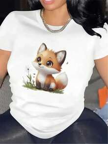 Camiseta con Diseño de Zorro Adorable |     Tejido Ligero y Duradero, Ideal para Ambientes Casuales, Ajuste Cómodo, Regalo Perfecto para Amantes de los Animales, Top Elegante y Moderno, Cuello Redondo, Elasticidad Media - [Blanco] - Ver 11
