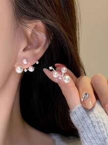 1 Pair Elegant Faux Pearl & Crystal Stud Earrings, Minimalist Versatile Ear Jewelry For Women - White - View 5