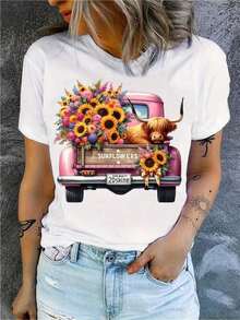 Camiseta Divertida de Vaca Escocesa y Girasoles - Estampado de Ganado Highland Sentado en una Camioneta Rosa, Camiseta Casual de Verano con Cuello Redondo Suave para Amantes de las Vacas Escoceras, Ropa de Herencia Escocesa, Idea de Regalo para Cumpleaños o San Valentín, Diseño Floral Vibrante - Blanco - Ver 1