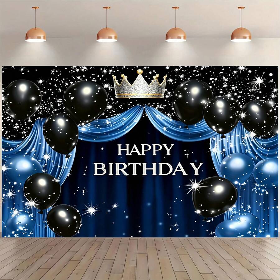 1 Navy Blue 'Happy Birthday' Themed Photo Backdrop With Silver And Black Balloons, Suitable For Birthday, Indoor And Outdoor Event Decoration, Anniversaries, Party Supplies, Holiday Celebrations, Family Activities, Perfect Gift, A Must-Have For Event Planning - Multicolor - View 1