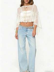 Womens Lace Trim Sheer Mesh Crop Top Blouse Ruffled Sheer Cover Up Y2K Summer Beach See-Through Blouse - Ivory - View 1