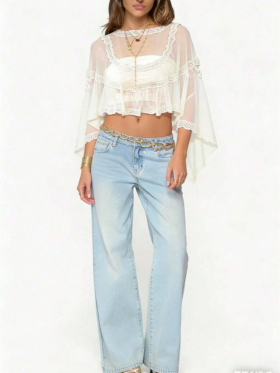 Womens Lace Trim Sheer Mesh Crop Top Blouse Ruffled Sheer Cover Up Y2K Summer Beach See-Through Blouse - Ivory - View 1
