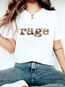 Camiseta de manga corta con estampado de letras coloridas de estilo vintage, corte regular, cuello redondo, ropa de mujer para primavera/verano, moda casual para exteriores, tela ligera y transpirable, adecuada como regalo para hijas, hermanas, cumpleaños, mejores amigas, madres y familiares. - Blanco - Ver 7