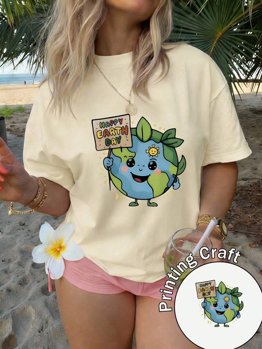 Women's Short-Sleeved Crew Neck T-Shirt, 100% Machine Washable And Easy To Care For, With A Casual Design Featuring Adorable Lettering And A Banner Print With The Phrase "Happy Earth Day". New Summer 2026 T-Shirt For Everyday Wear And Travel. - 杏色 - 查看 1