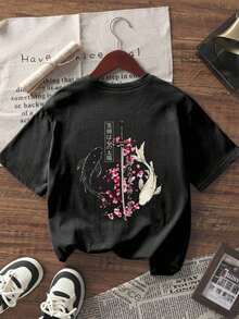 Camiseta de mujerCamiseta de manga corta de cuello redondo negra con estampado de carpa koi y espada samurái de estilo sakura, de moda minimalista de verano, versátil y elegante para mujerCómoda y ligera - Negro - Ver 3