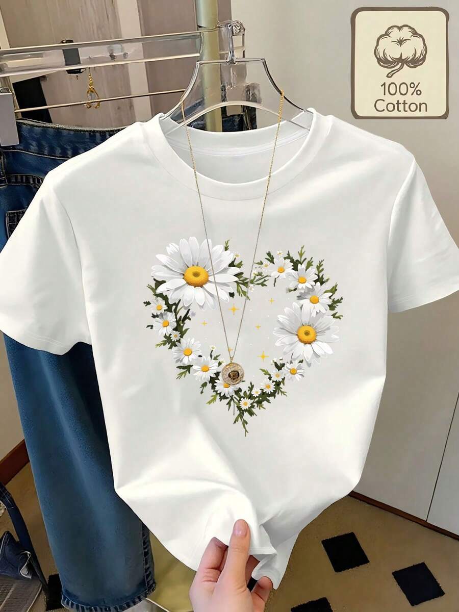 Top femenino manga corta cuello redondo en algodón puro, diseño estampado moderno, tela fresca y aireable, prenda versátil para look casual, ocasiones diarias y encuentros sociales todo el año - Blanco - Ver 1