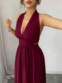 Elegante vestido sin mangas con cuello en V, diseño hueco en la cintura y pliegues, color morado, nueva llegada de primavera/verano - Burdeos - Ver 3