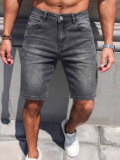 Stretchy Denim Shorts, Fashionable Slim Fit Casual Commuting Shorts For Men, Cotton Blend Elastic Tight Fit Sports Shorts
