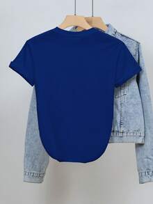 Pure T-Shirt, Wishing You Prosperity, With  Chinese Style Prints And Letters, Women's Heavyweight Crew Neck Short Sleeve Top, Suitable For All Seasons - 藍色 - 查看 2