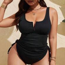 Swim Lushore Plus Size Women Solid Color Textured Fabric Racerback Casual Swimsuit - Negro - Ver 6