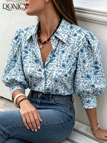 DONICY Blusa feminina azul de manga média com gola e mangas bufantes, modelagem solta, estilo retrô, ideal para primavera, verão e outono. Perfeita para o dia a dia, encontros, trabalho, escritório e momentos de lazer. - Azul - Ver 8