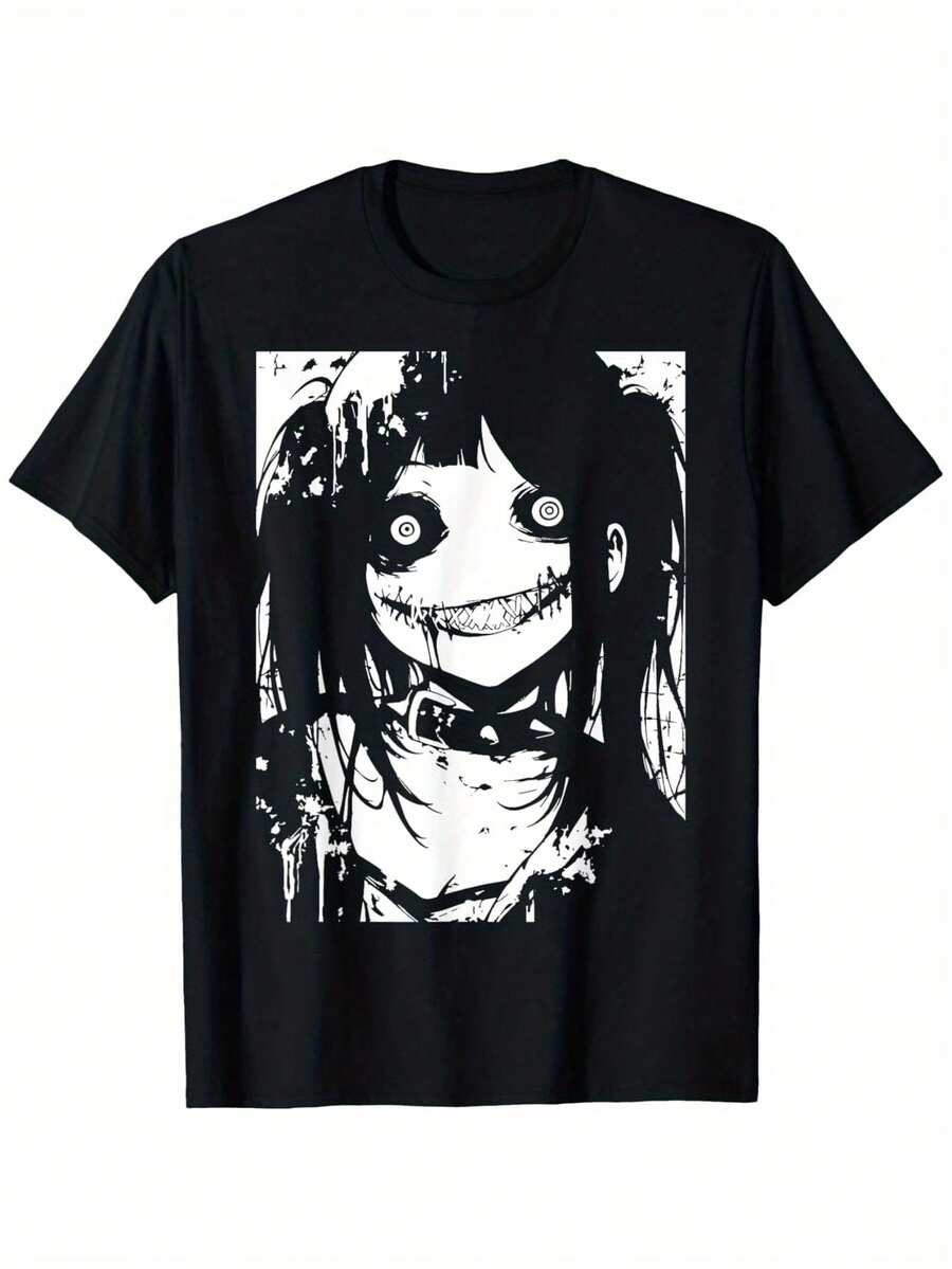 Blusas para mujer y playeras de mujer, Remera gótica con estampado de chica anime oscura en blanco y negro, estilo terrorífico para looks alternativos, blusas casuales para dama perfectas como vestidos casuales para mujer de estilo alternativo - Negro - Ver 1