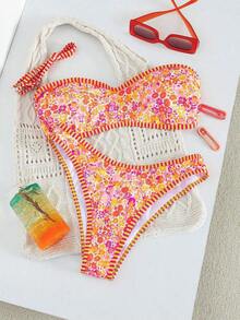 Set de 2 piezas Bikini bandeau con estampado floral rosa para mujer, con tirantes desmontables adecuado para vacaciones en la isla y sesiones de fotos en la playa en verano - Multicolor 7 - Ver 7