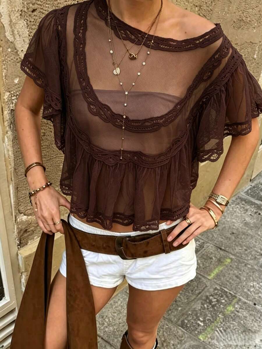 Womens Boho Sheer Mesh Lace Blouse Y2K Chiffon Ruffle Sleeve See Through Babydoll Cropped Shirt Top Summer Beach Vacation Cover Up Going Out Tops Streetwear - 卡其色 - 查看 1