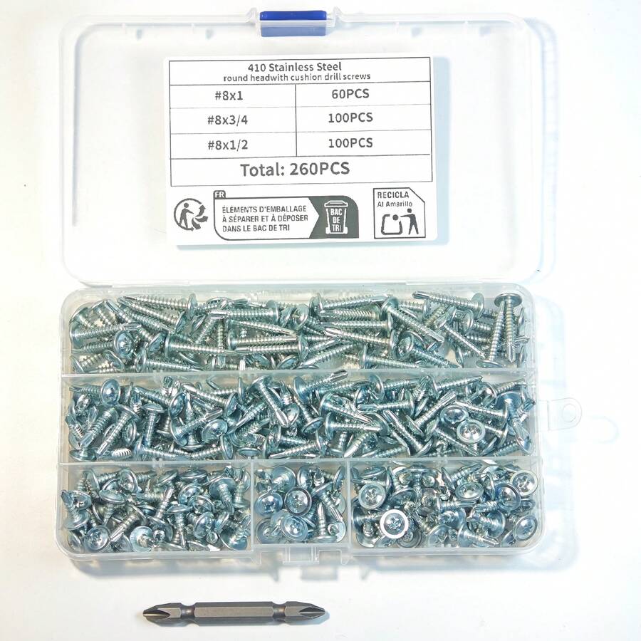 Bộ 260 chi tiết vít tự ren bằng thép không gỉ 410, vít tự khoan đầu chữ thập #8, thích hợp cho kim loại, xây dựng và sửa chữa, các dự án DIY, bao gồm mũi vít đầu chữ thập. - 410 - Xem 1