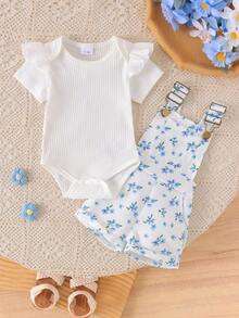 2pcs Baby Girl Cute Short Sleeve Ribbed Romper & Printed Overall Shorts Set, Thin Summer - Blue and White - View 2