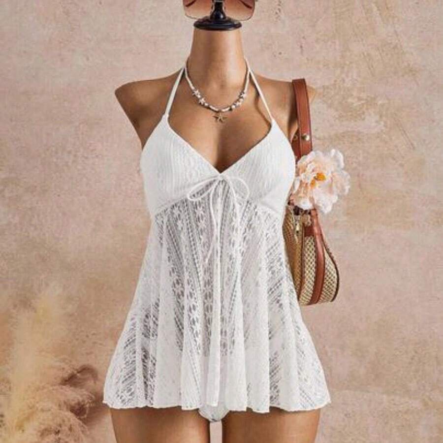 Women's Floral Lace Front Tie Halter Beach Dress With Bikini Bottom - Blanco - Ver 1