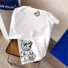 Nueva camiseta de manga corta para hombre de comercio exterior transfronterizo, con líneas simples y estampado digital de oso, de cuello redondo. - Negro - Ver 2