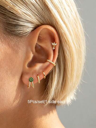 5Pcs/Set Earrings Set For Women Gold Plated Ear Cuff Cubic Zirconia Stud Hoop Earrings Stack Women Daily Jewelry Accessories