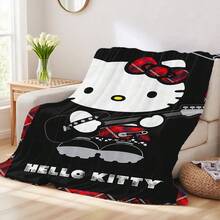 SANRIO 1pc Comfortable Punk Style Hello Kitty Pink Plaid Flannel Blanket, Soft Polyester Knitted Design, Versatile Use, Machine Washable, Ideal Gift For Home, Travel, Outdoor, All Seasons - Cozy Throw Blanket For Sofa, Bed, Office, Car - Multicolor - View 4