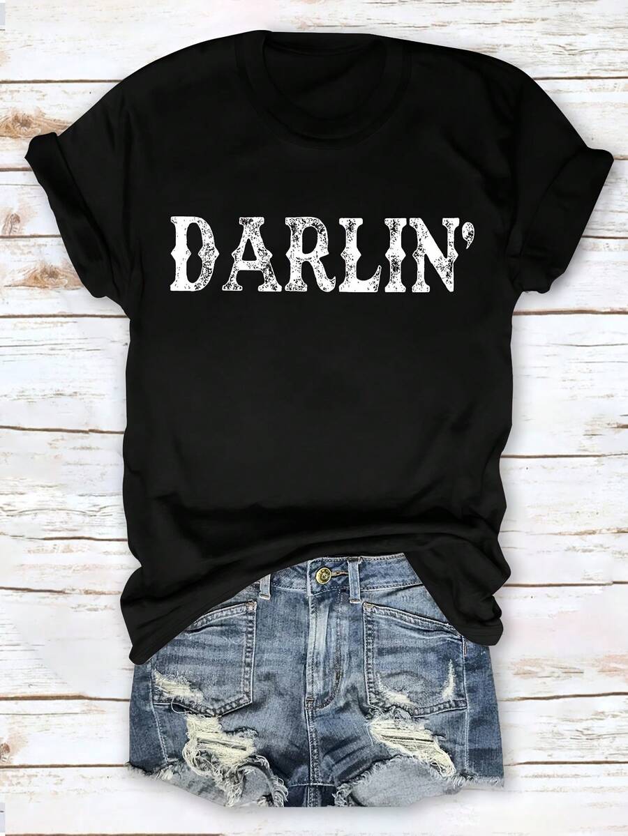 Camiseta de Cuello Redondo con Estampado de Letras Simple Estilo Europeo y Americano para Mujer, Marca Darlin - Negro - Ver 1
