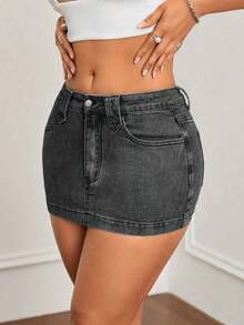 Minifalda de mezclilla ajustada y de tiro bajo lavada, con estilo callejero sexy para el verano - Gris - Ver 4
