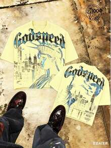 "Godspeed" Title - Oversized Distressed Print T-Shirt With Statue Of Liberty Pattern In The Night, Men's Short Sleeve, 100% Cotton, Loose Fit, Y2K Street Retro Casual Urban Aesthetics, 100% Cotton Pullover. Gift. - 黃色 - 查看 3